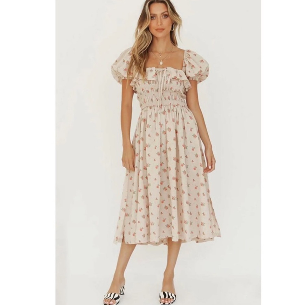 Elegant Cream Floral Midi Dress with Puff Sleeves